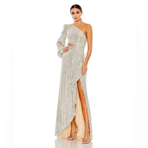 Mac Duggal Dresses & Skirts - NEW Mac Duggal Ieena Silver Sequined One Shoulder Cut Out Gown Dress Size 2